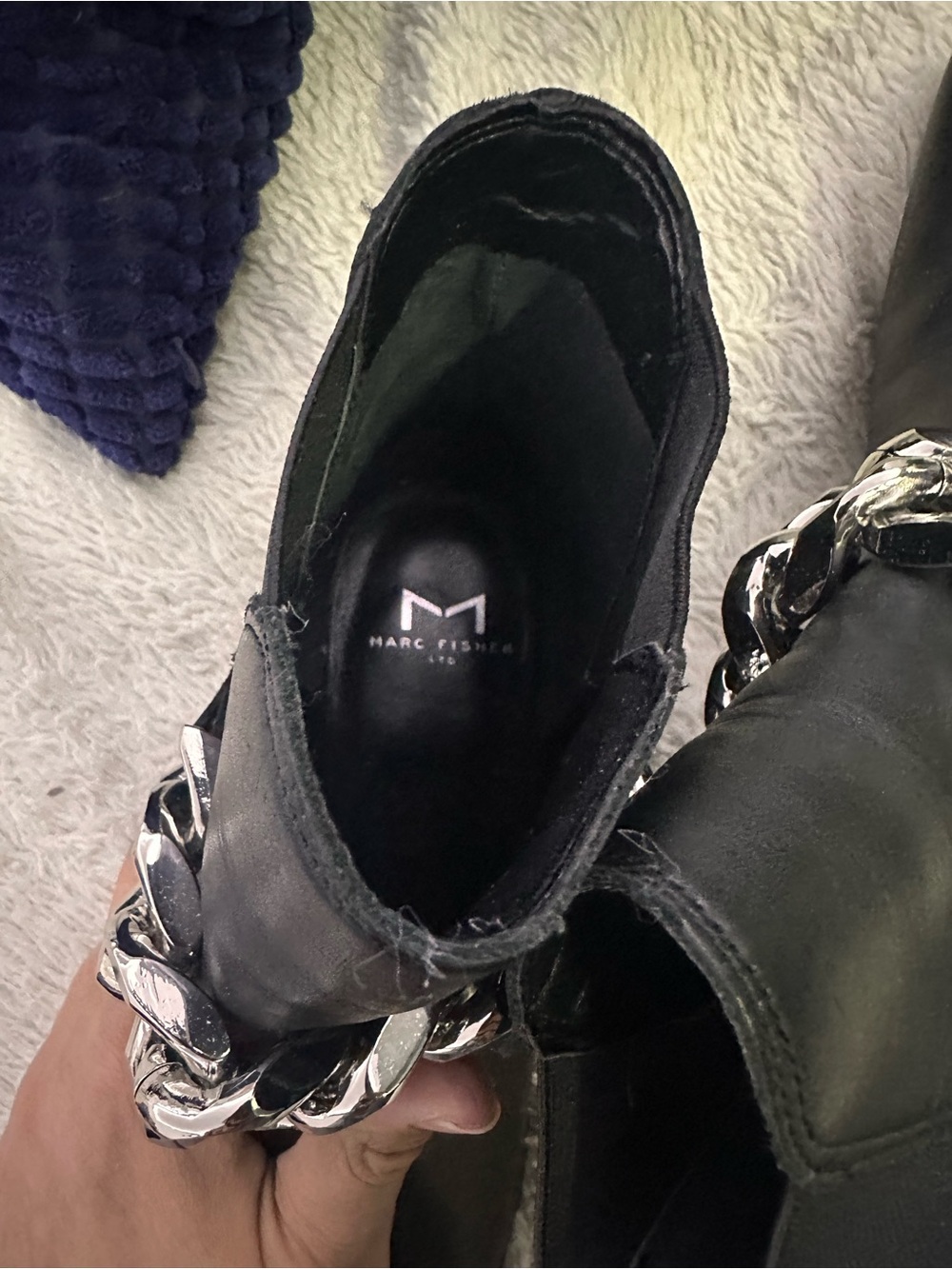 Black Pointed Toe Ankle Boots with Silver Chain Marc Fisher 6.5 - Picture 3 of 7
